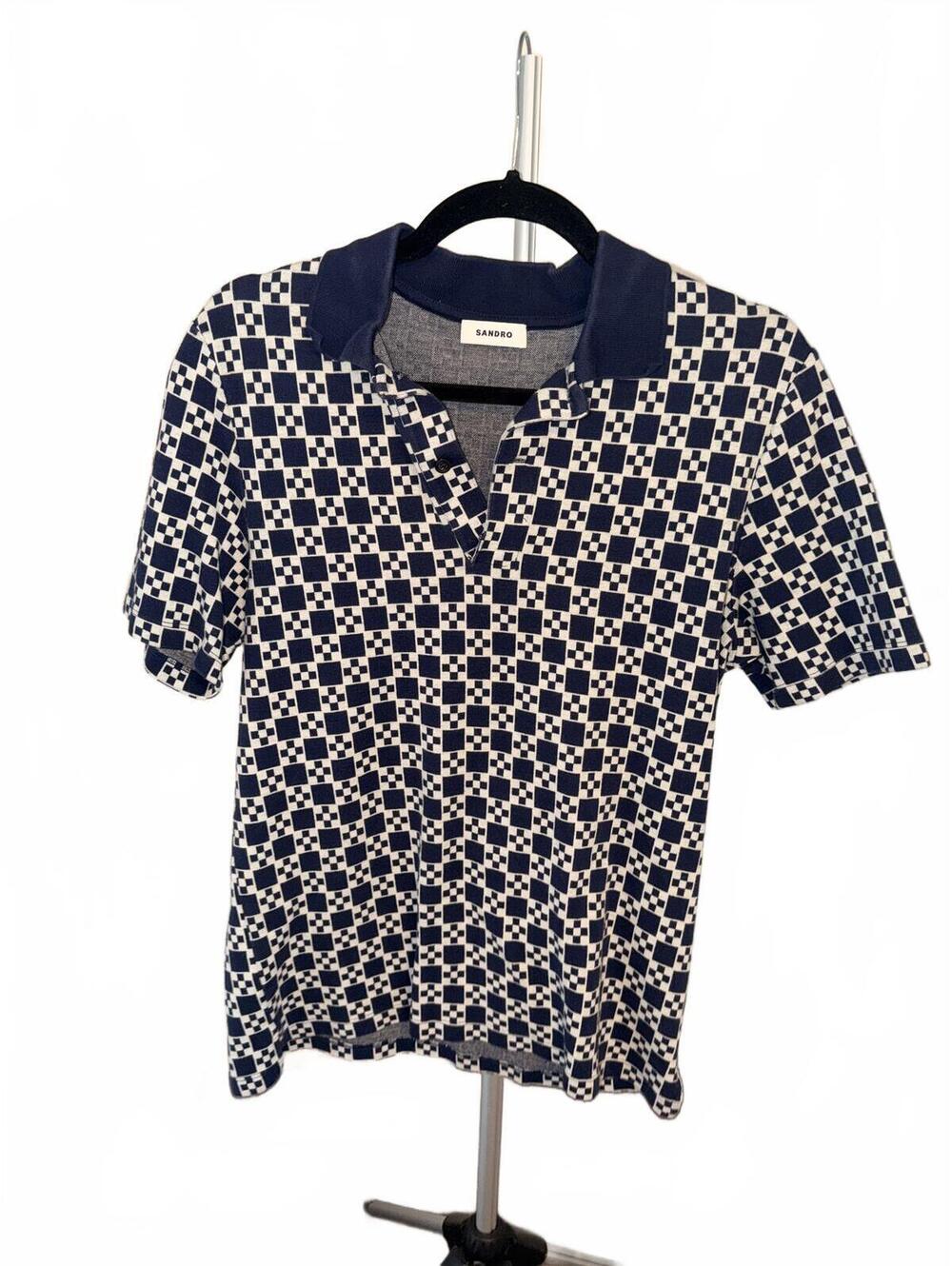 Sandro Navy and White Geometric Polo Shirt